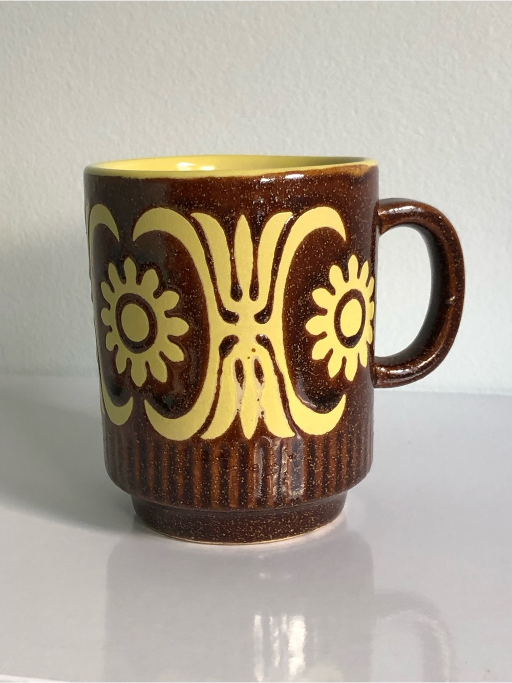 Vintage 70s Boho Yellow & Brown Glazed Funky Hippie Floral Ceramic Mug